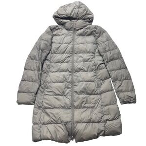 Uniqlo Seamless Down Puffer Coat Women Small Gray Ultra Light Hooded Long Jacket